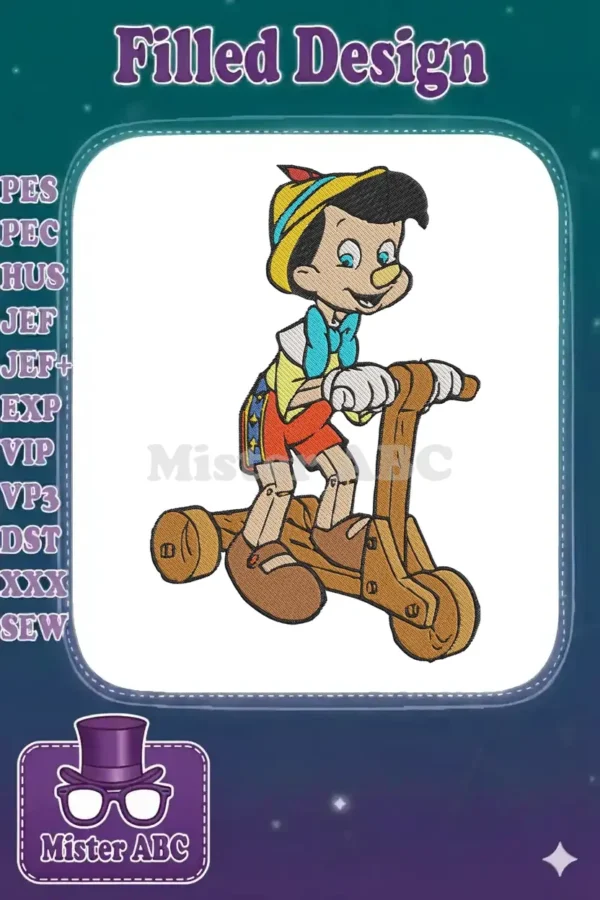Vibrant embroidery of Pinocchio on a wooden scooter, featuring detailed stitching and classic cartoon colors.