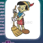 Pinocchio with broom happy cartoon character embroidery designs - Instant Download