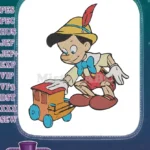 Puppet Pinocchio playing with a classic wooden toy train embroidery designs - Instant Download