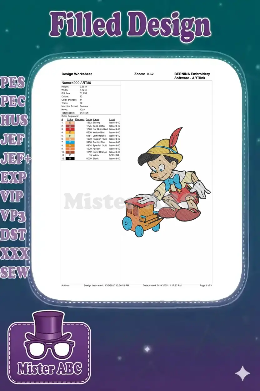BERNINA embroidery worksheet showing Pinocchio design details including dimensions, stitch count, colors, and thread chart.