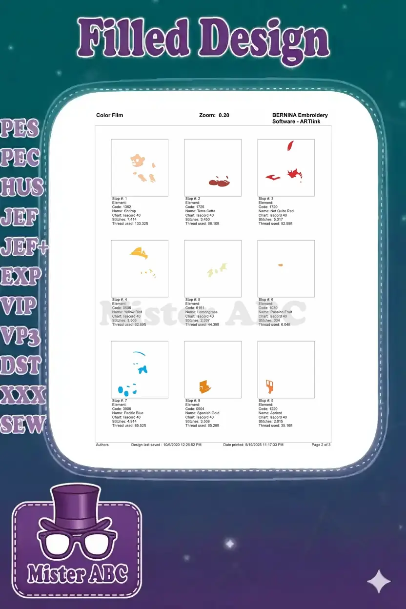 First page of the embroidery color film, illustrating the initial nine color stops and their corresponding stitch details.
