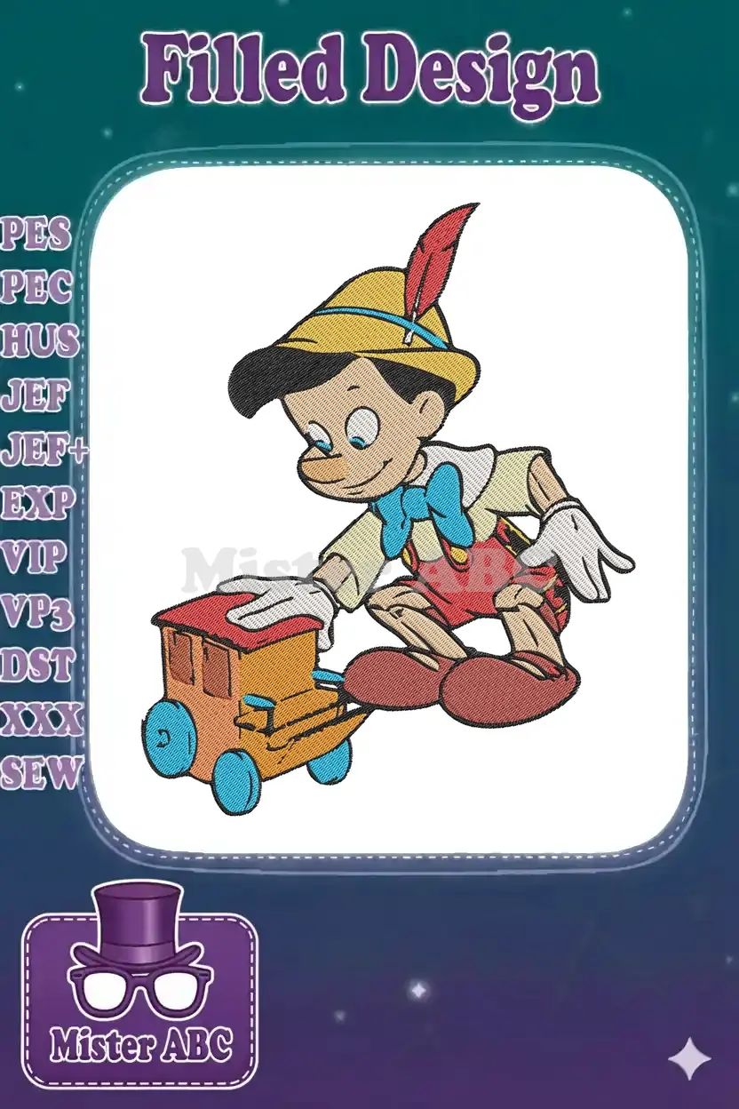Detailed embroidery design of Pinocchio, the classic wooden puppet, playing with a small colorful toy train on a white background.