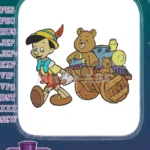 Pinocchio pulling train cart with teddy bear friends embroidery designs - Instant Download