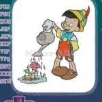 Cheerful Pinocchio watering a pink flower embroidery designs for kids - Instant Download