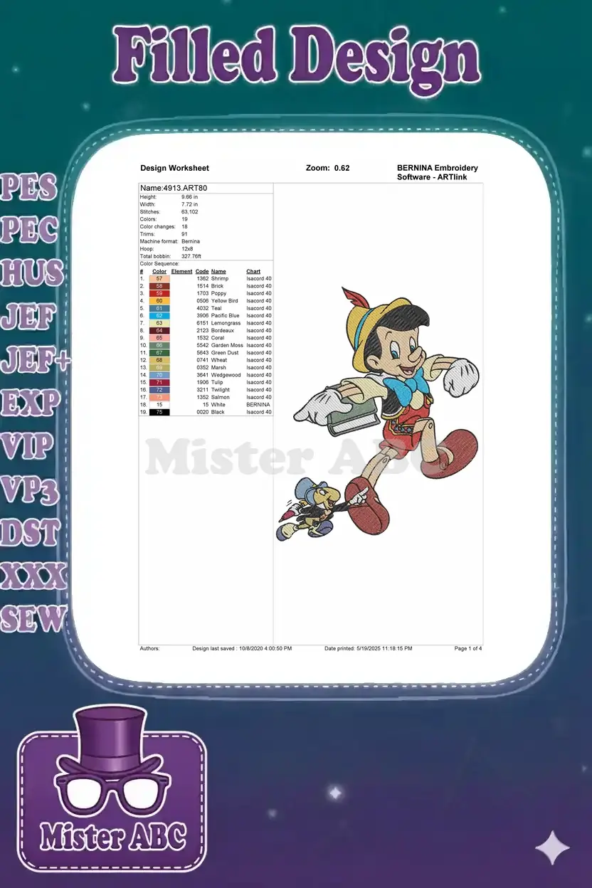 Embroidery design worksheet for Pinocchio and Jiminy Cricket, showing dimensions, stitch count, and color sequence.