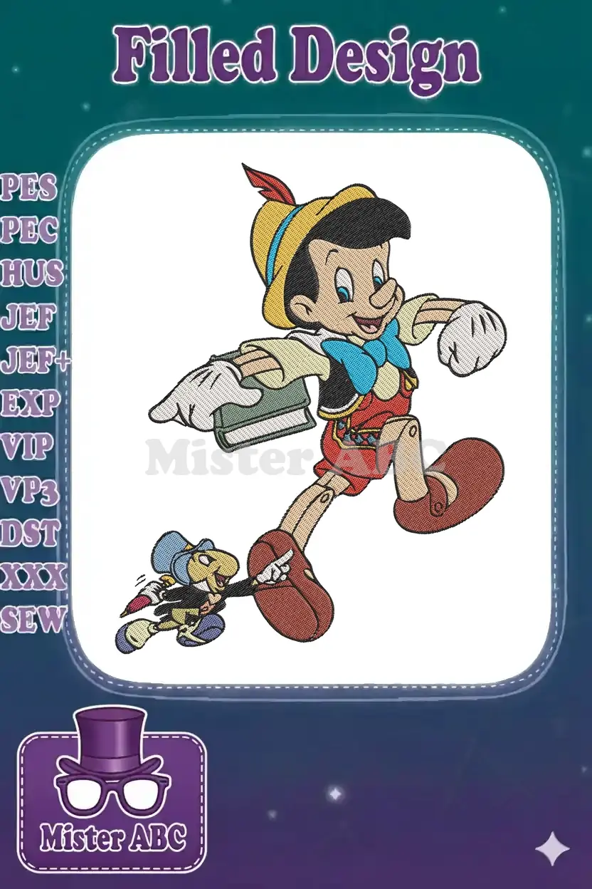 Vibrant embroidery of Pinocchio and Jiminy Cricket mid-stride, showcasing detailed stitching and character expressions.