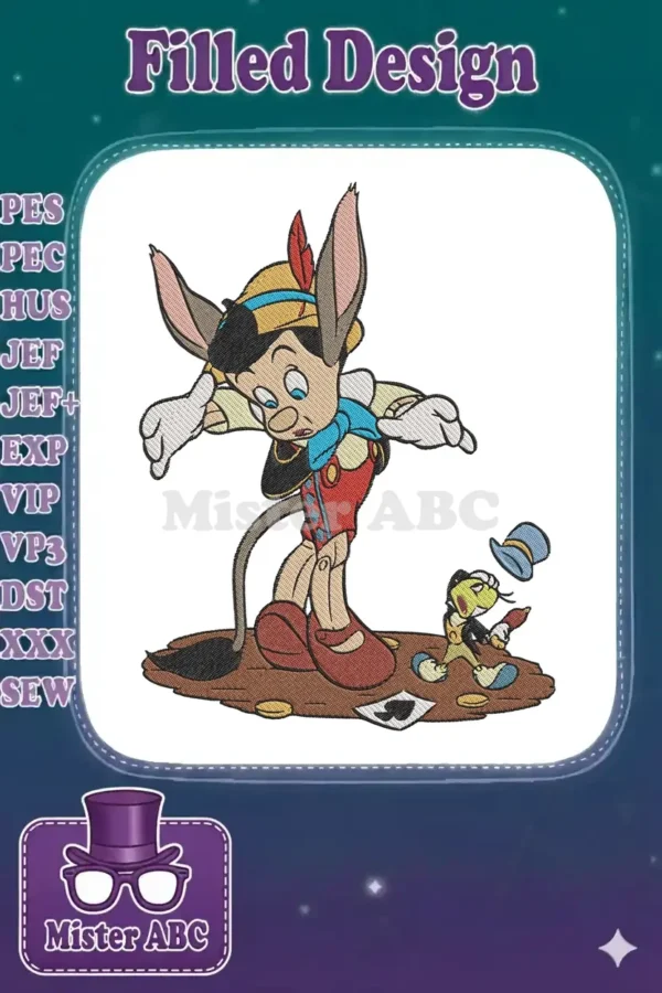 Embroidered Pinocchio as a donkey with long ears and tail, looking distressed, alongside a surprised Jiminy Cricket.