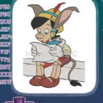 Pinocchio donkey ears tail with Jiminy Cricket reading embroidery designs - Instant Download