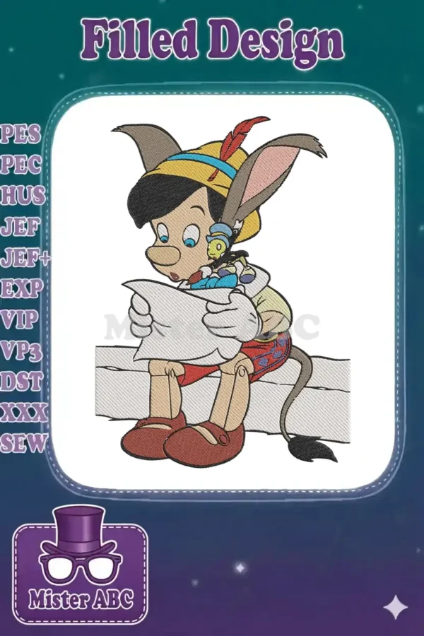 Detailed embroidery of Pinocchio with donkey ears and tail, sitting, reading, Jiminy Cricket on his shoulder. High-quality stitching.