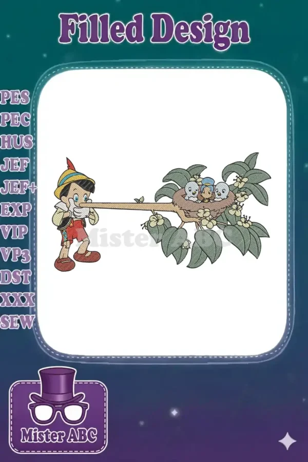 Pinocchio with an elongated nose extending towards a bird's nest containing three small, chirping birds.