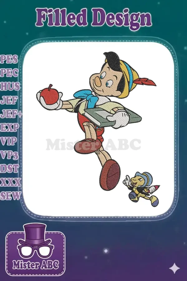 High-quality embroidery design featuring Pinocchio holding an apple and a book, with Jiminy Cricket at his side, on a white background.