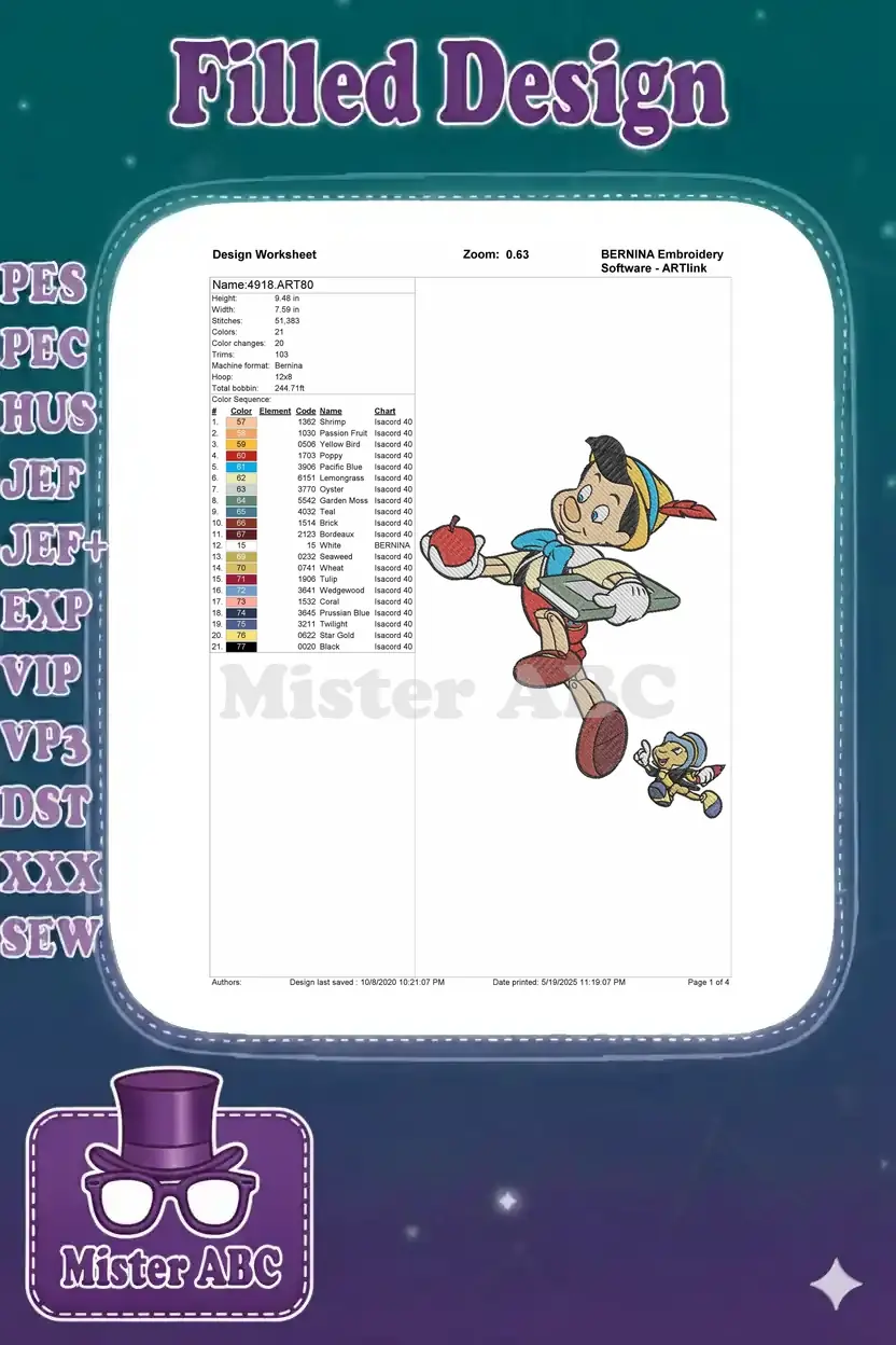 Embroidery design worksheet showing Pinocchio, Jiminy Cricket, stitch count, dimensions, color chart, and thread details.