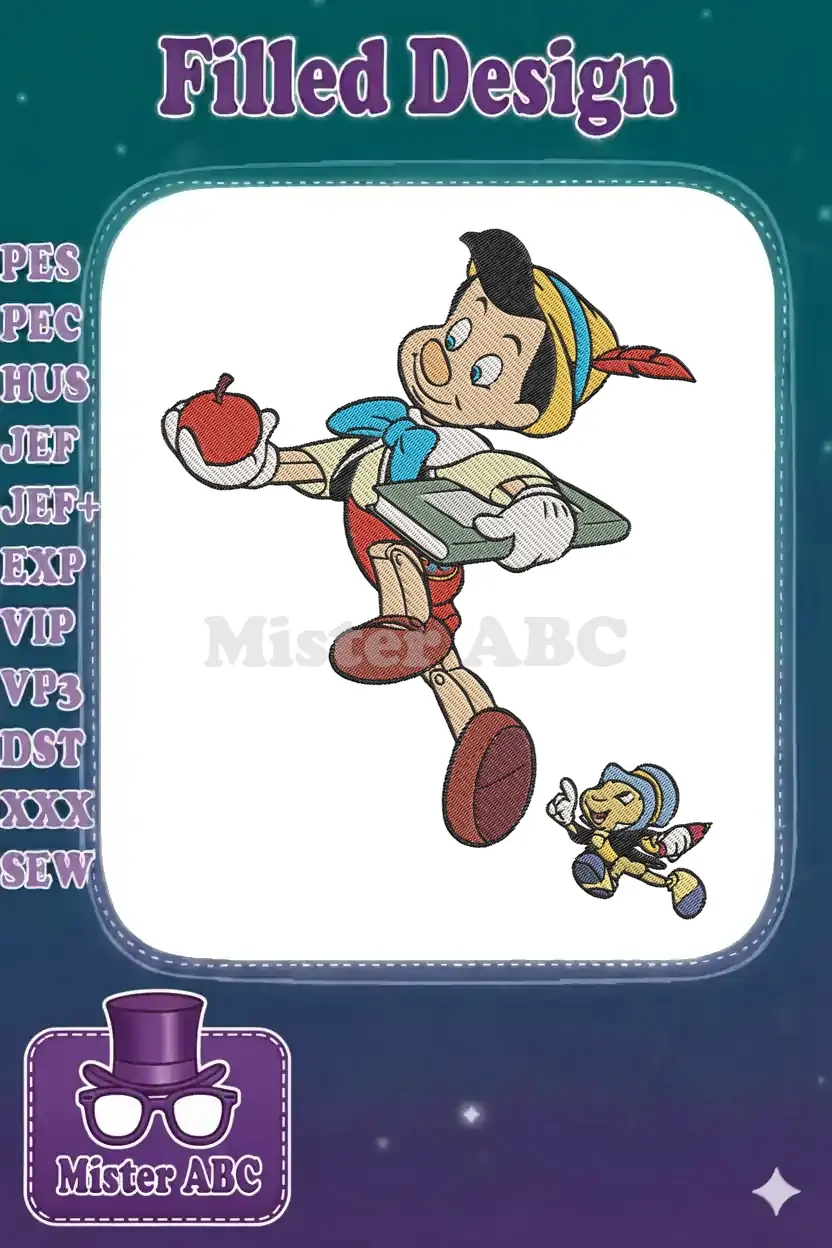 High-quality embroidery design featuring Pinocchio holding an apple and a book, with Jiminy Cricket at his side, on a white background.