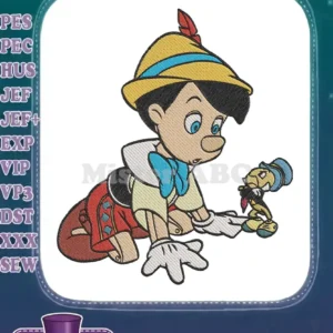 Pinocchio embroidery design, crawling, looking at Jiminy Cricket. Vibrant colors, detailed stitching on white background.