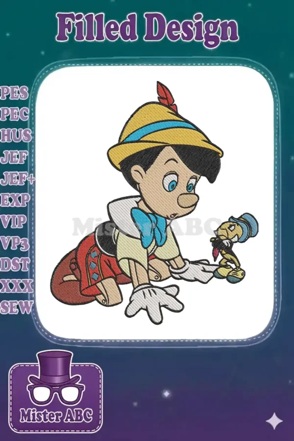 Pinocchio embroidery design, crawling, looking at Jiminy Cricket. Vibrant colors, detailed stitching on white background.