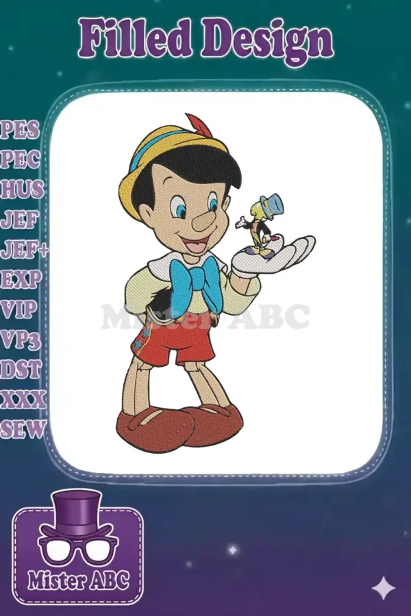 A vibrant embroidery design of Pinocchio holding a tiny Jiminy Cricket, captured in full color and detailed stitches.