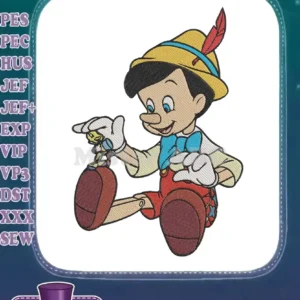 Vibrant embroidery of Pinocchio, the wooden puppet, sitting with Jiminy Cricket on his knee, against a white background.