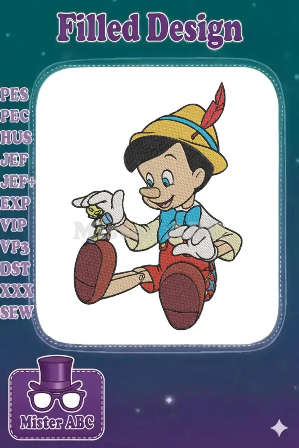 Vibrant embroidery of Pinocchio, the wooden puppet, sitting with Jiminy Cricket on his knee, against a white background.