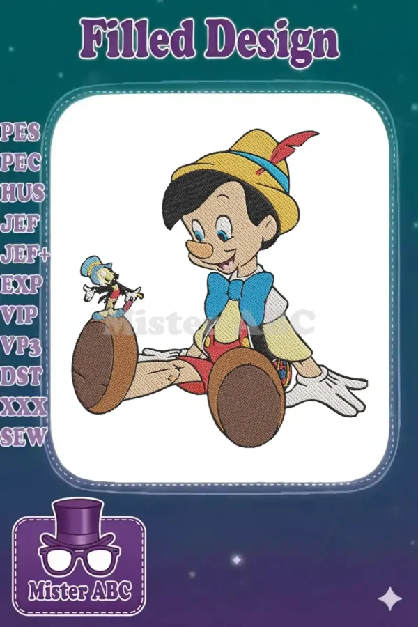 A vibrant embroidery design featuring Pinocchio sitting with Jiminy Cricket perched on his foot, full of detail.
