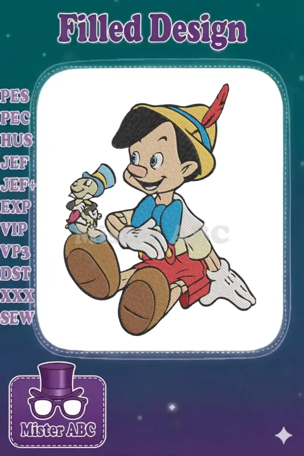 Vibrant embroidery design featuring Pinocchio with Jiminy Cricket on his leg, showcasing detailed stitching and colors.