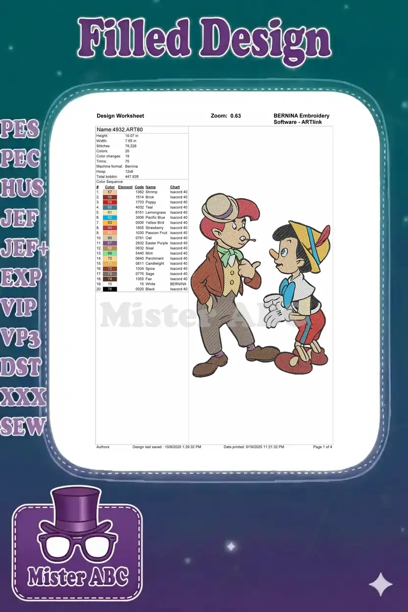 A detailed embroidery design worksheet showing specifications, thread colors, and a smaller version of the design.