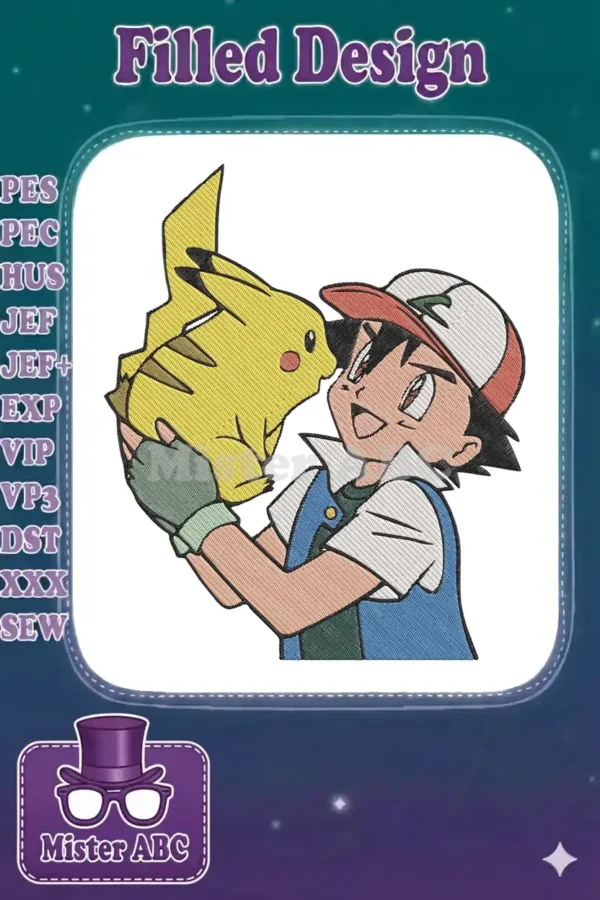 Ash Ketchum happily holds Pikachu, who nuzzles his cheek in this vibrant, detailed embroidery design. A heartwarming scene.
