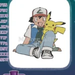 Ash and Pikachu sitting together happy Pokémon embroidery designs - Instant Download