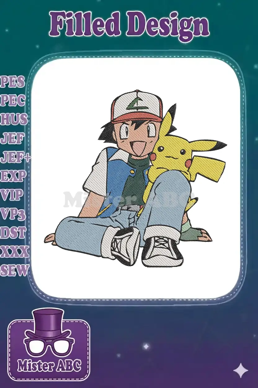 Ash Ketchum and Pikachu embroidery design, showcasing vibrant colors and detailed stitching on a white background.