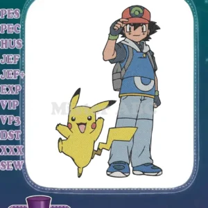 Full color embroidery design of Ash Ketchum in his iconic outfit saluting, alongside a cheerful, dynamic Pikachu.