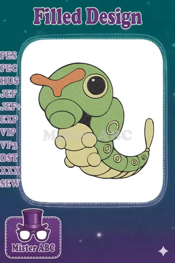 A vibrant embroidery design featuring Caterpie, the beloved green caterpillar Pokémon, with a detailed fill stitch.