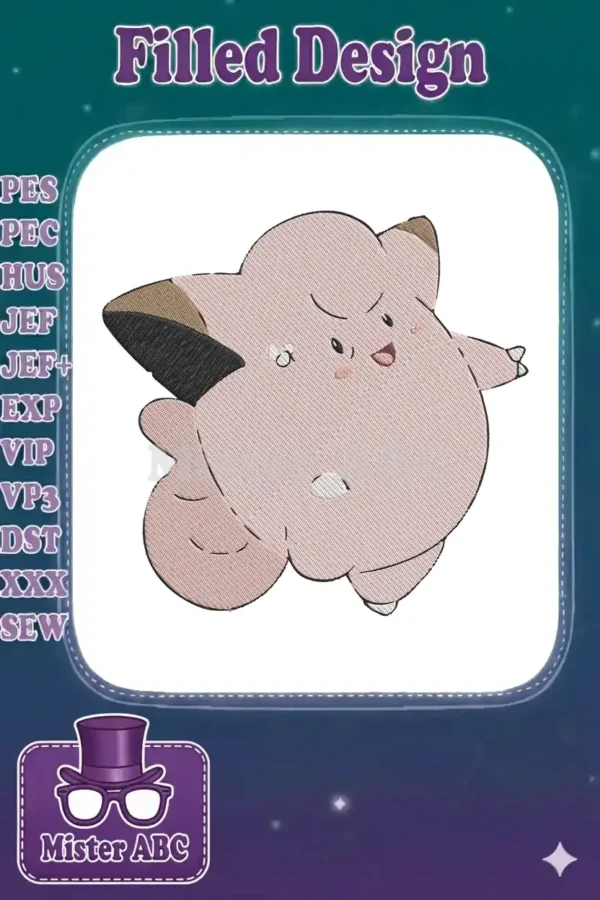 Embroidered Clefairy design with detailed fill and satin stitches, showcasing its iconic pink body and charming expression.