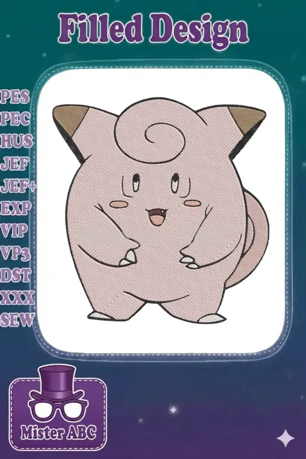 A vibrant embroidery design of Clefairy, the adorable pink Pokémon, featuring a detailed fill stitch pattern.