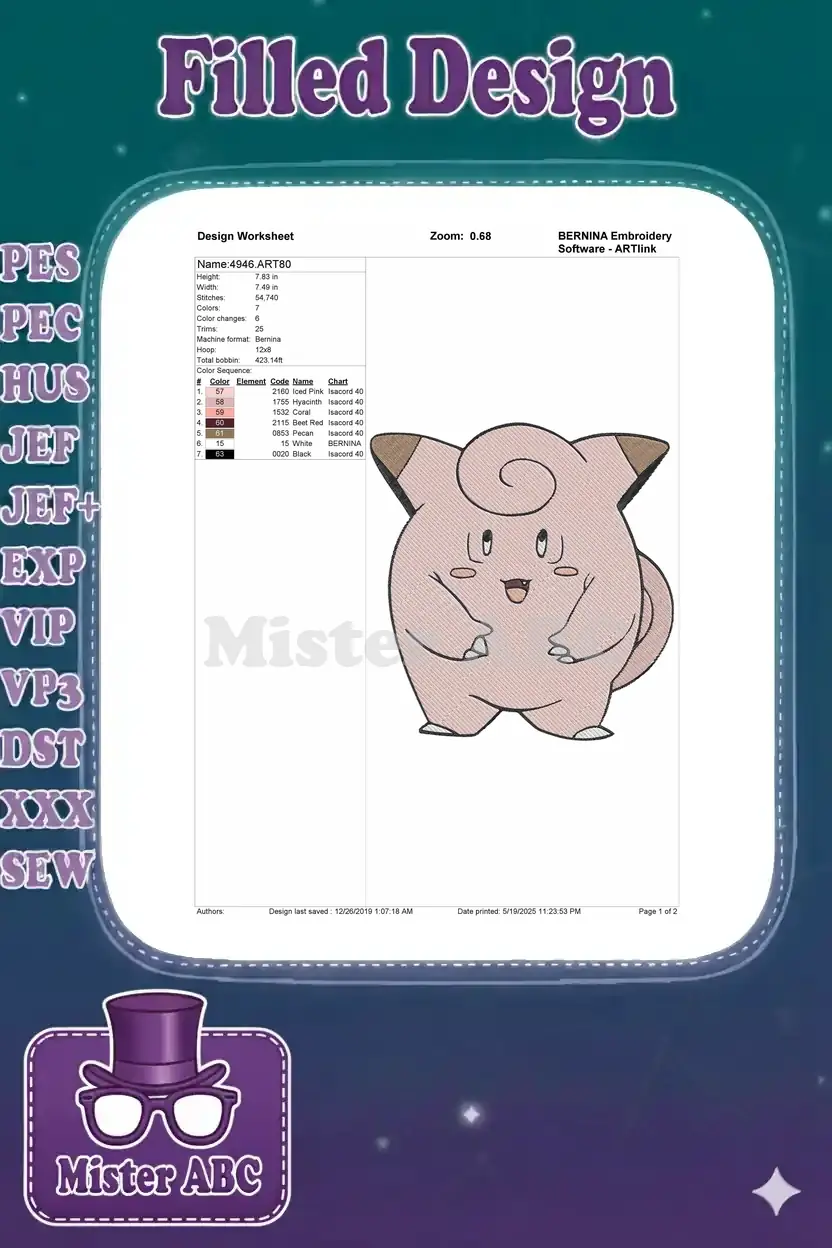 Embroidery design worksheet for Clefairy, detailing dimensions, stitch count, color sequence, and machine info.