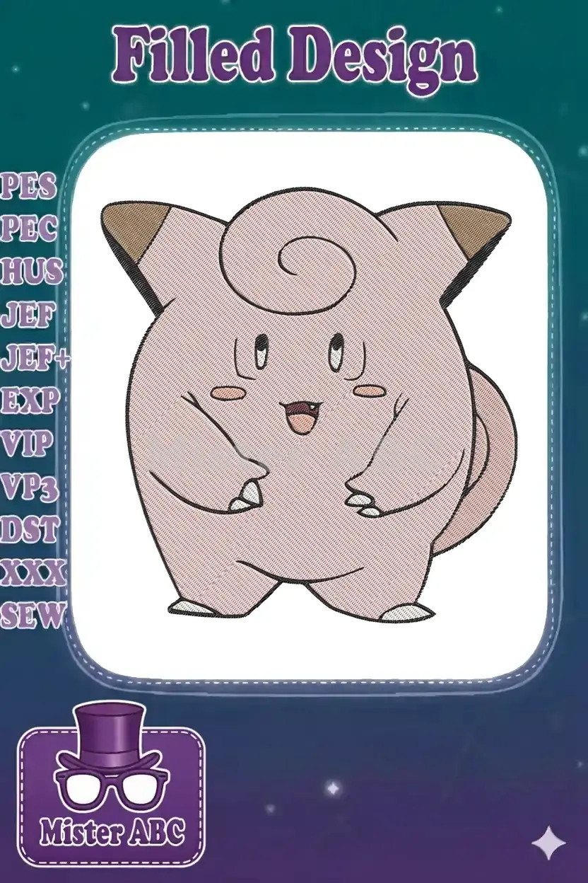 A vibrant embroidery design of Clefairy, the adorable pink Pokémon, featuring a detailed fill stitch pattern.