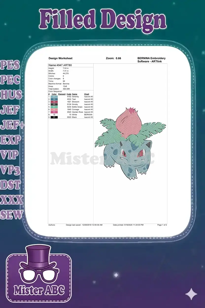 An embroidery design worksheet for Bulbasaur, detailing dimensions, stitch count, color sequence, and machine format.