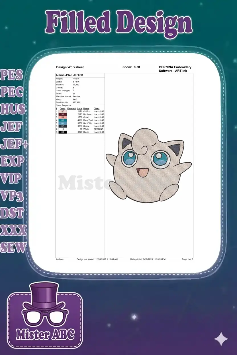 Jigglypuff embroidery design worksheet showing dimensions, stitch count, color sequence, and machine details.