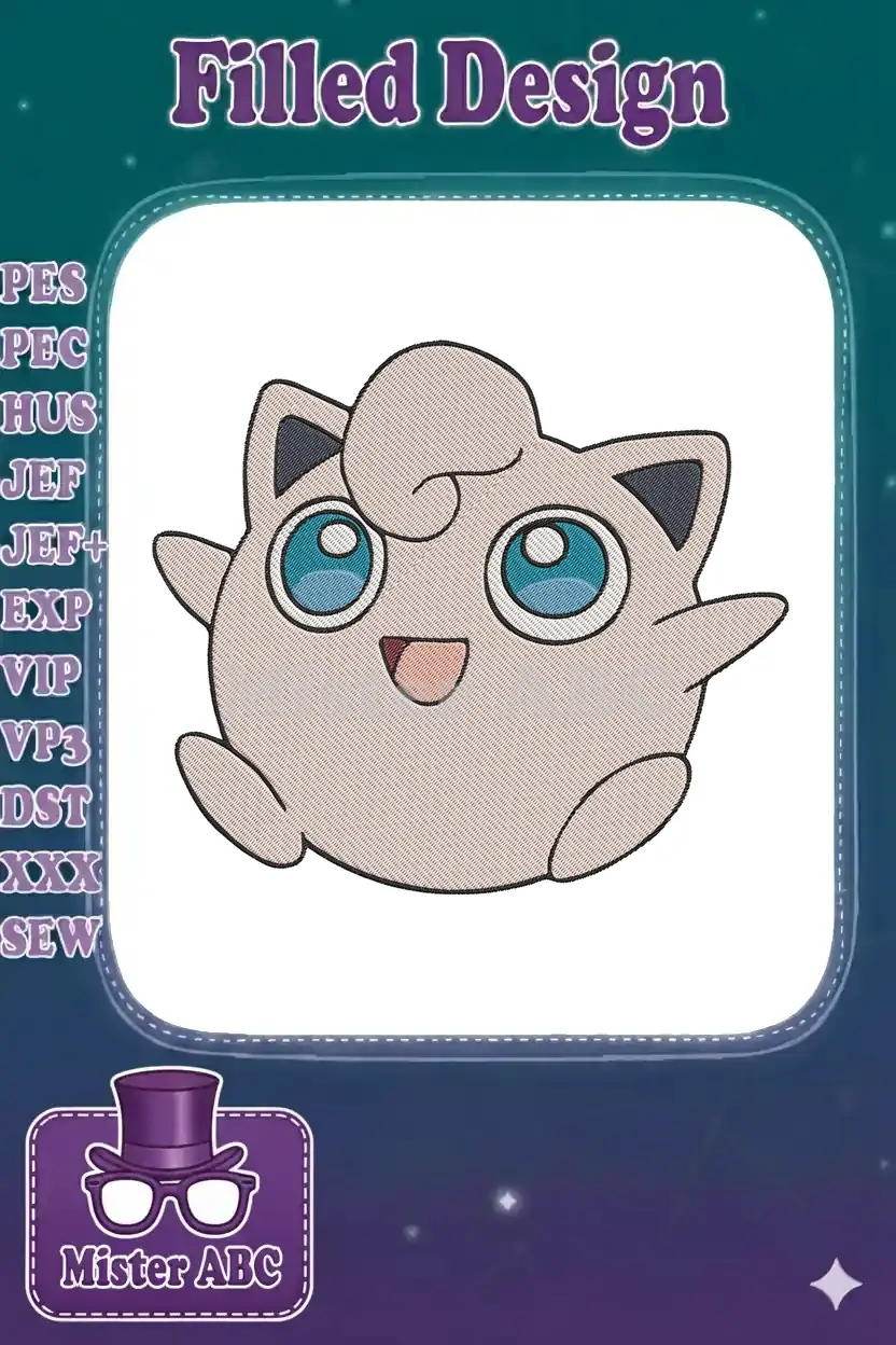 Close-up of a vibrant Jigglypuff machine embroidery design, featuring its iconic pink body and large blue eyes.