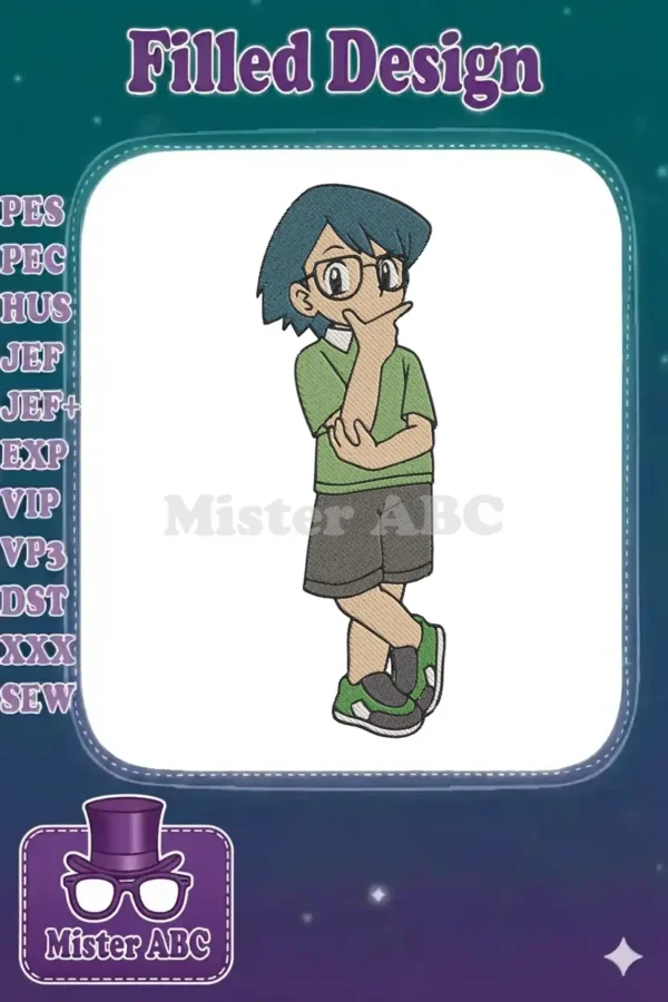 An embroidery design of Max from Pokémon, a boy with blue hair and glasses, in a thoughtful pose.