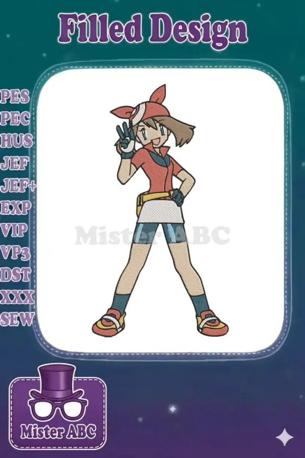 Vibrant embroidery of May from Pokémon, featuring her iconic outfit and a cheerful peace sign gesture. Detailed and colorful.