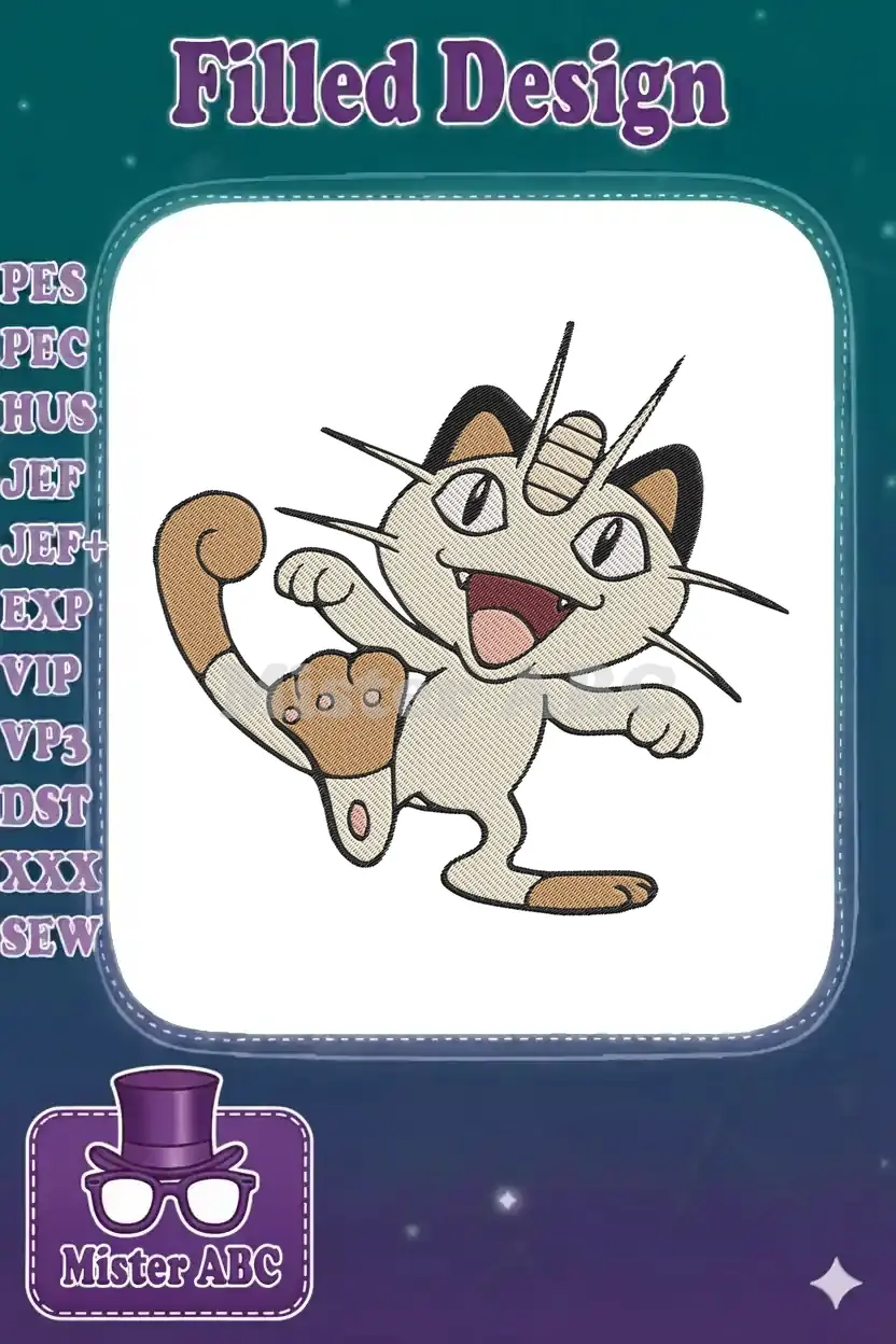A dynamic embroidery design of Meowth, the Pokémon, in a playful pose with a wide smile and raised paw.