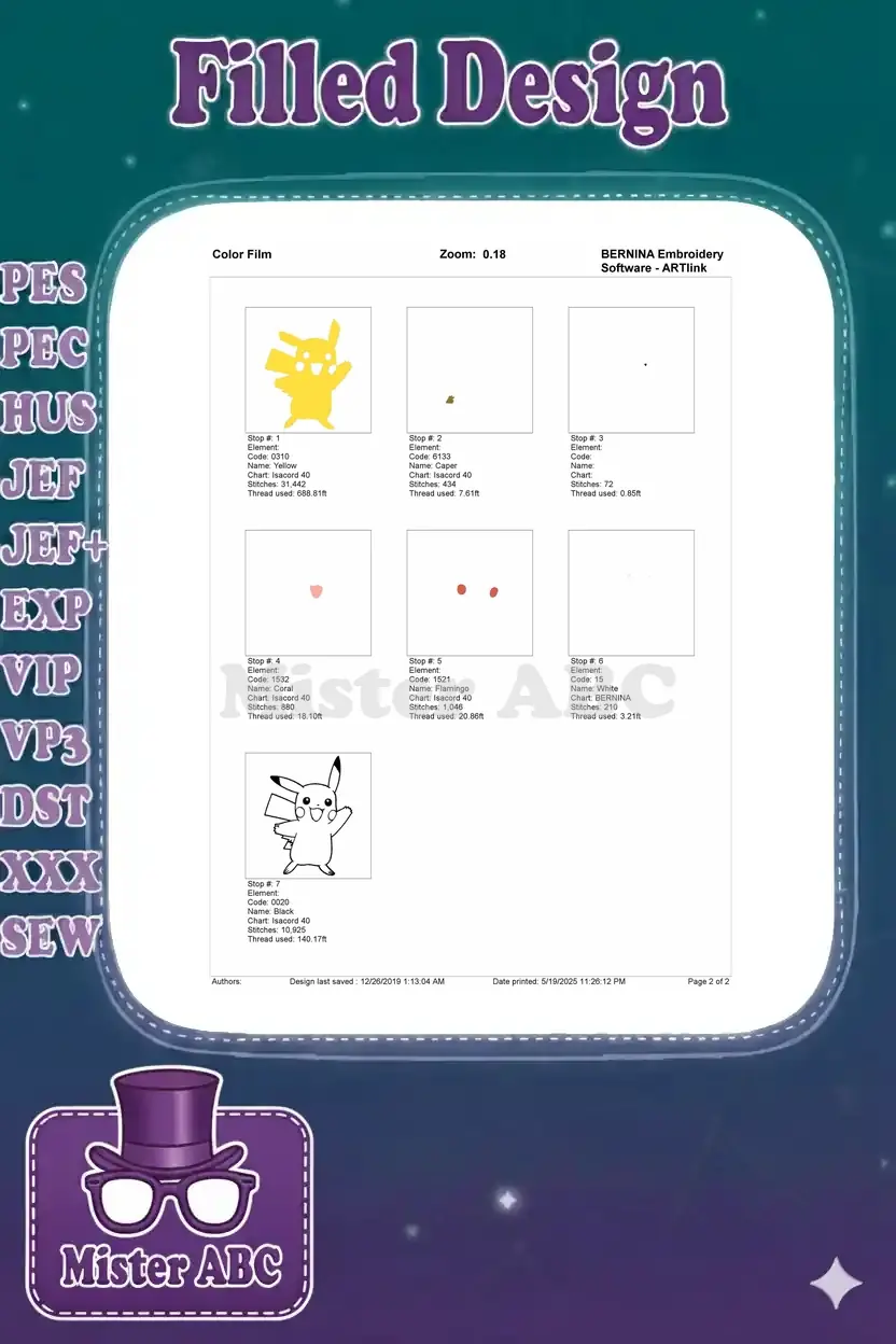 Color film breakdown of the Pikachu embroidery, showing individual color stops and stitch progression for the design.