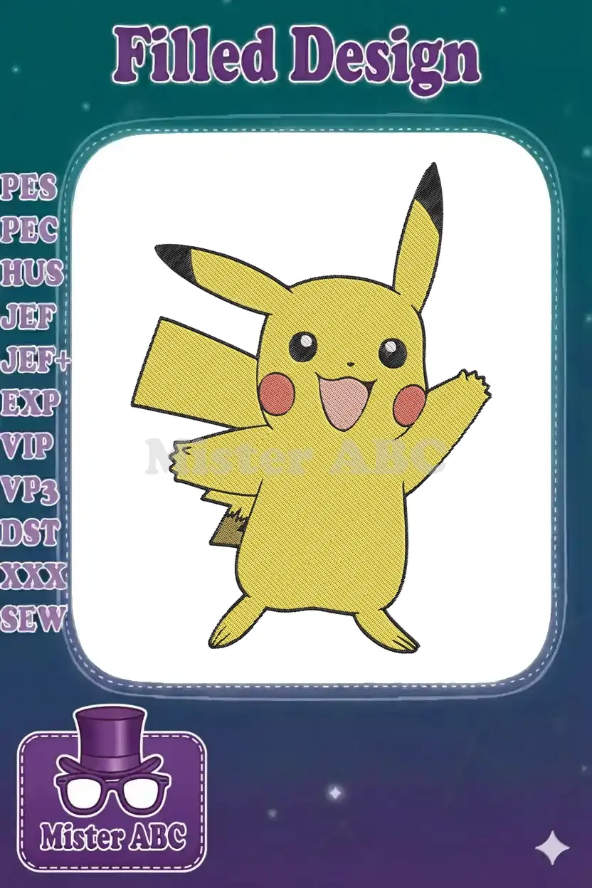 Vibrant Pikachu embroidery design, featuring yellow fur, red cheeks, and black ear tips, with a textured finish.