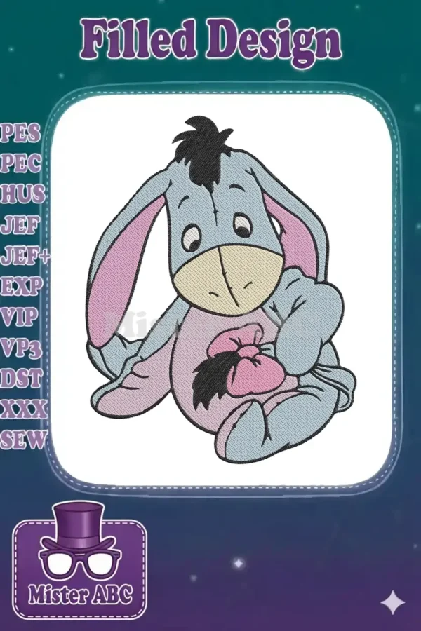 Close-up of a charming Eeyore embroidery design, showcasing his gentle expression and soft pastel colors.