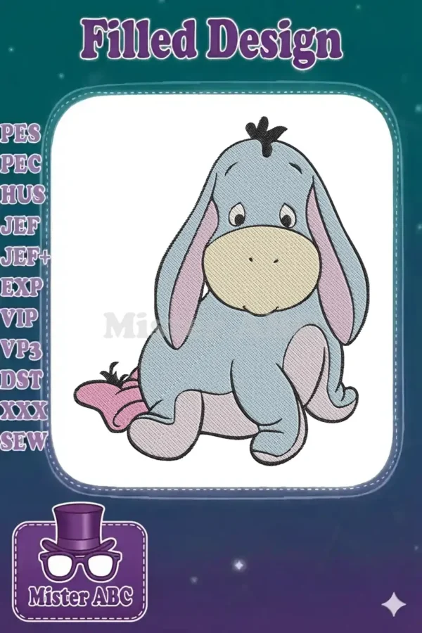 A charming machine embroidery design featuring Eeyore from Winnie the Pooh, depicted sitting with his iconic expression.