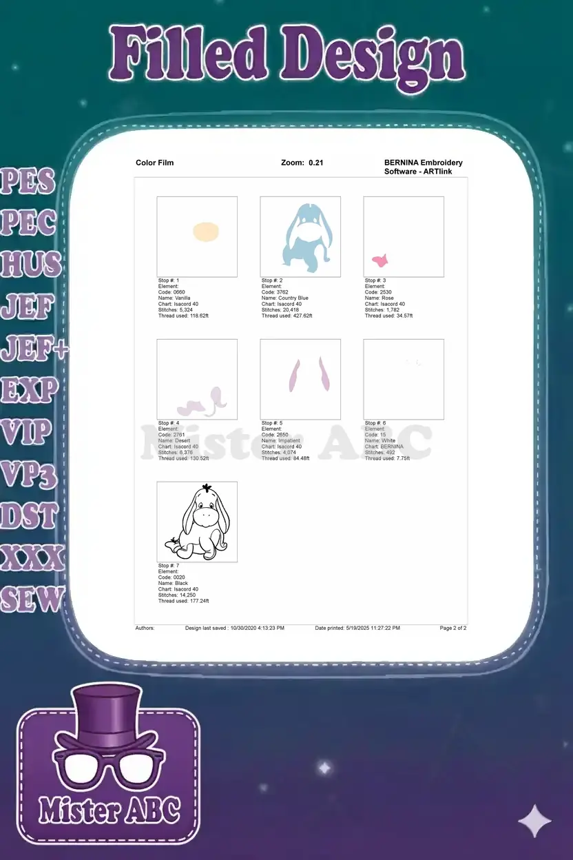 Color film breakdown for the Eeyore embroidery design, illustrating each color stop and its stitch element.