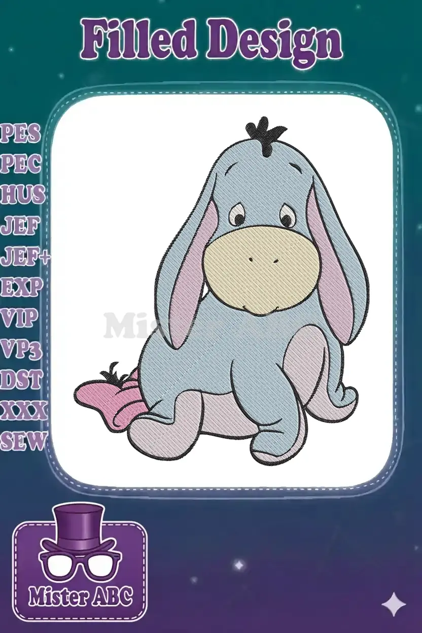 A charming machine embroidery design featuring Eeyore from Winnie the Pooh, depicted sitting with his iconic expression.