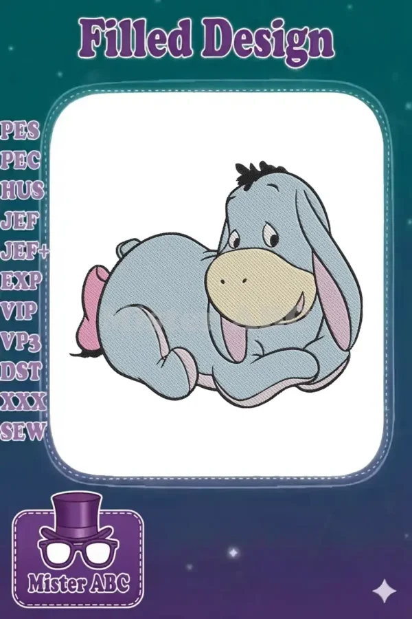 A charming embroidery design of Eeyore from Winnie the Pooh, lying down peacefully with his pink bow visible.