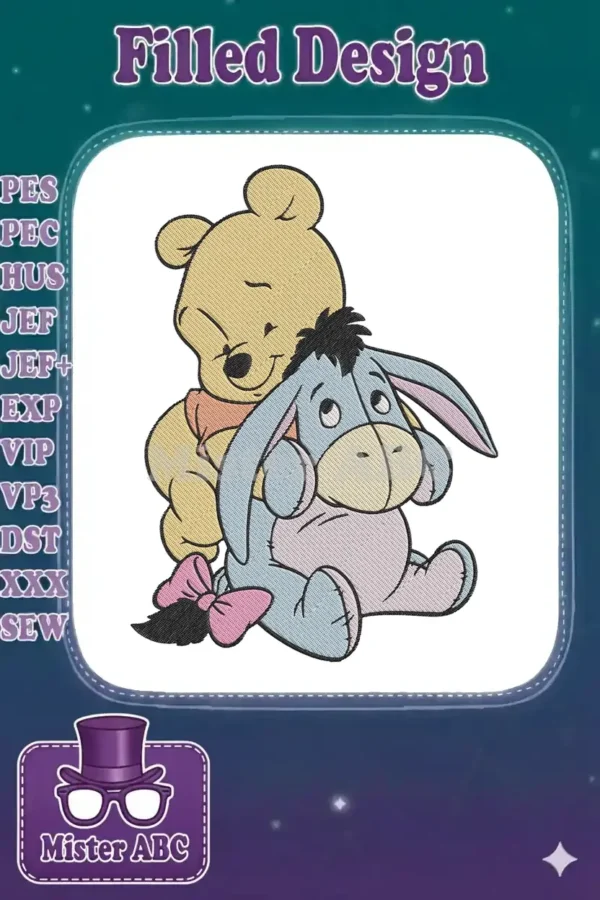 A charming embroidery design featuring Winnie the Pooh lovingly embracing Eeyore, rendered with detailed full-fill stitches.