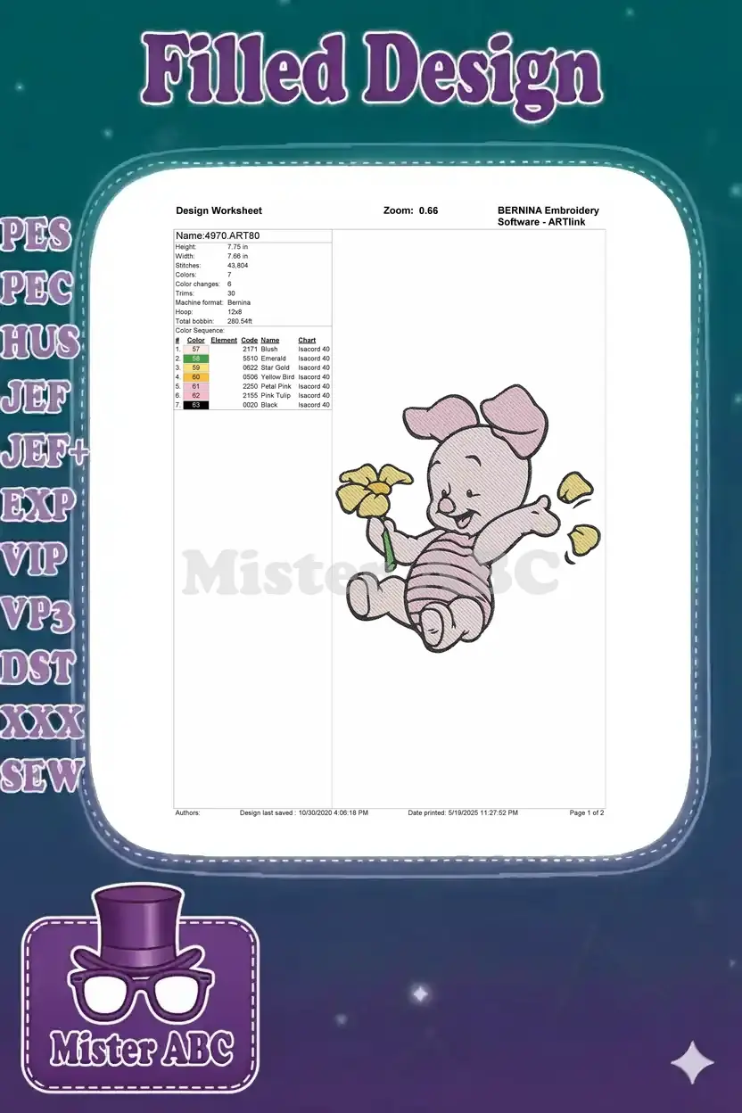 Technical design worksheet for the Piglet embroidery, detailing size, stitch count, color sequence, and machine info.
