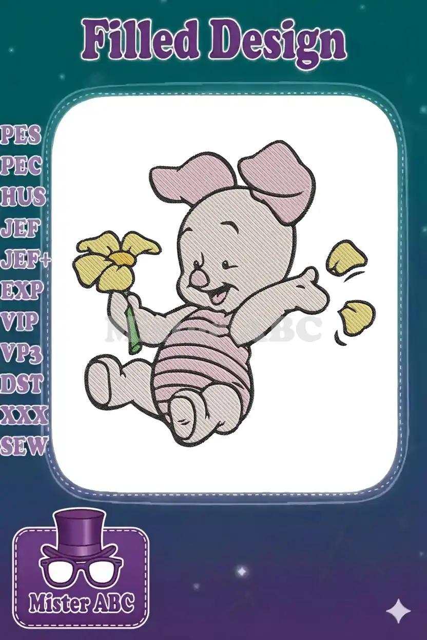 Cheerful Piglet machine embroidery design, holding a bright yellow flower, with detailed texture for a charming finish.
